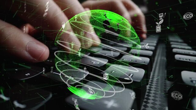 This image represents the intersection of technology and sustainability, showcasing hands typing on a keyboard with a glowing globe and eco-friendly icons, symbolizing progress. Xenic