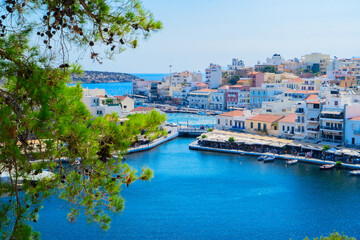 Obraz premium lake in harbour of Agios Nikolaos, , Crete, Greece, retro toned