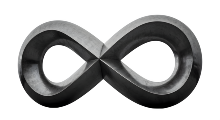 Silver metal infinity shape shines. Abstract, geometric design for technology, science, or graphic art.