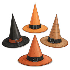 Witch Hats: An artistic collection of four intricately designed witch hats, each showcasing a unique style, perfect for adding a touch of spooky elegance to Halloween decorations.