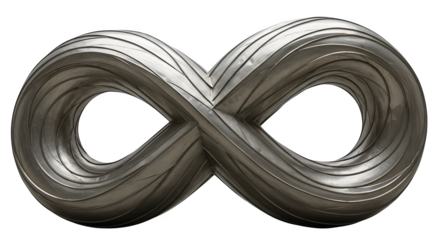 Silver metal curves create an infinity symbol with ribbed texture. Polished surface implies timelessness; use for branding, presentations, or abstract concepts.