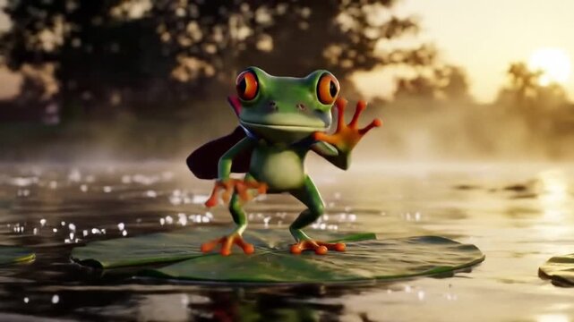 A vibrant green frog wearing a graduation cap dances on a lily pad in a serene pond at sunrise, symbolizing education and joy.