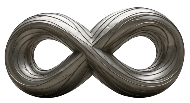 Silver metal curves create an infinity symbol with ribbed texture. Polished surface implies timelessness; use for branding, presentations, or abstract concepts.
