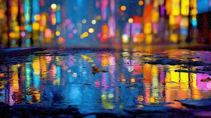 Rainy Night Cityscape Reflections With Colorful Lights