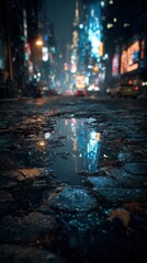 City Street Night Reflection Puddle