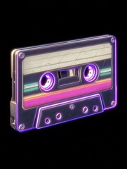 A vintage cassette tape showcases bright neon stripes and glowing edges set against a solid black background. The nostalgic design evokes memories of classic music and past eras.