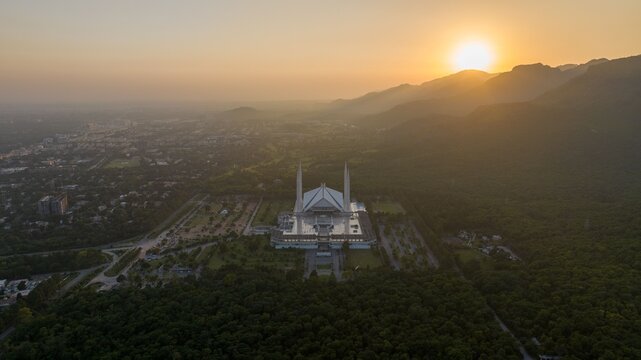 Sunset Aerial View of Faisal Mosque and Margalla Hills in Islamabad