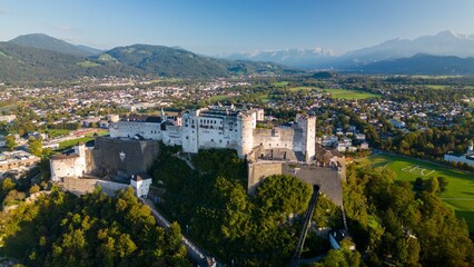 Drone View of Hohensalzburg Fortress Above Salzburg, Austria