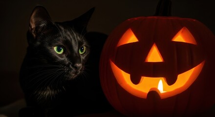 A Black Cat with Striking Green Eyes Sits Beside a Glowing Jack-o'-lantern, Creating a Festive Halloween Atmosphere
