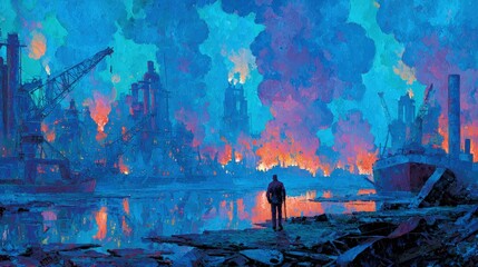 Desolate Industrial City After Fire at Night