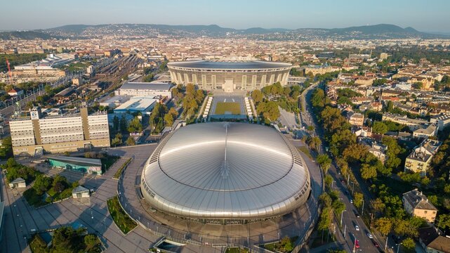 Aerial View of Puskas Arena and Budapest Sports Complex at Sunrise