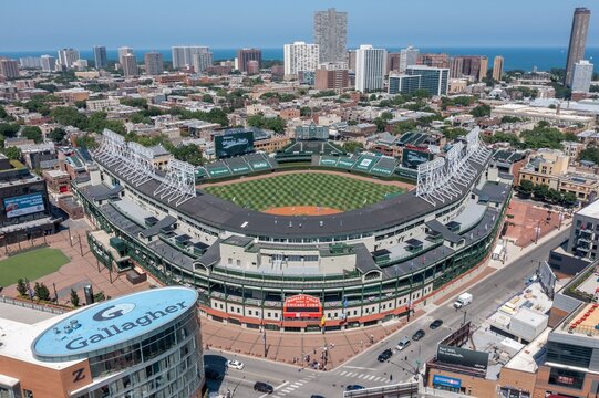 Aerial View of Wrigley Field and Chicago Skyline on Summer Day