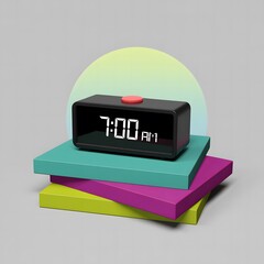 Classic black alarm clock on a stack of colorful books, representing time management, education, and early morning routines. Generative AI
