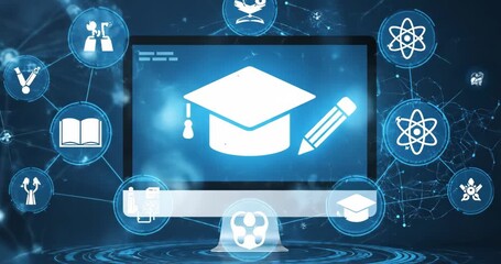 digital education concept with icons of computer, graduation cap. Digital learning online system for distance education or futuristic new AI technology	 - Powered by Adobe