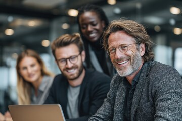 Happy colleagues collaborate on project design at workshop, examining blueprints together in industrial space