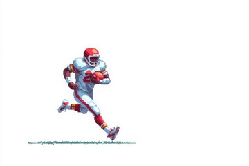 Fototapeta premium A dynamic football player in a bright uniform sprints across a grassy field, showcasing agility and speed. The characters intense focus and determination highlight the competitive spirit of the game.