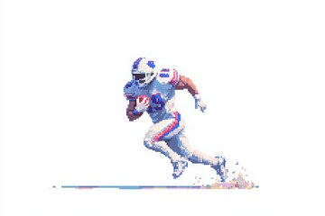 A dynamic football player wearing a blue and white uniform runs with the ball, showcasing speed and agility. The colorful pixel art captures the excitement of the game with a minimalistic background.