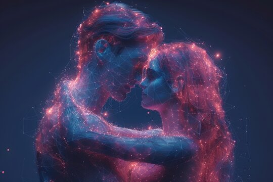 Futuristic digital illustration of a man and woman embracing, created from glowing particles and lines. Neon blue and pink tones convey love, technology, connection, and emotional intimacy.