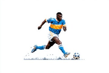 A soccer player wearing a distinctive blue and orange jersey sprints across the field, focused on kicking the ball. The action captures the excitement of a competitive game.