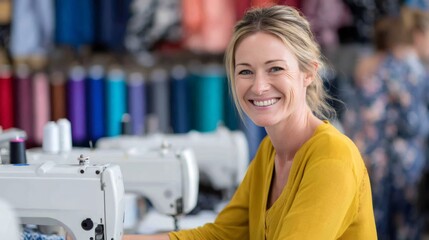 Seamstress using sewing machine and smiling in textile workshop