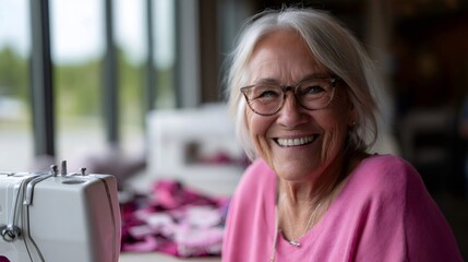 Senior dressmaker smiling while sewing pink clothes