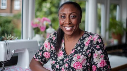 Seamstress smiling and sitting at her sewing machine in her bright workshop