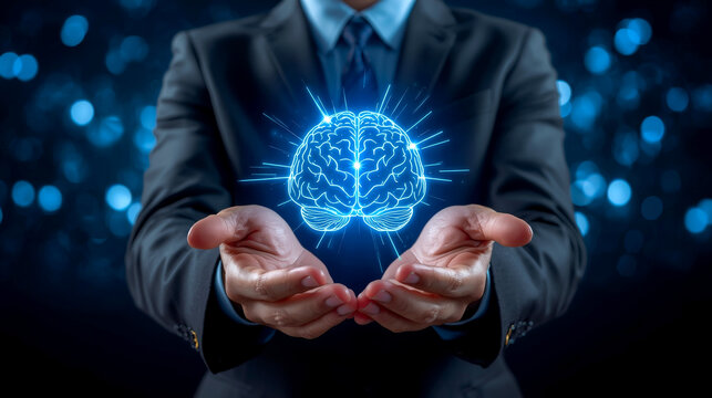 Creativity and headhunter. man in a business suit holding a glowing, holographic human brain in his cupped hands. The brain is rendered with bright blue lines and radiating light paths