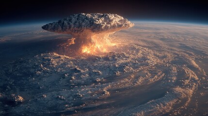 Fiery mushroom cloud rising from Earth, seen from orbit 