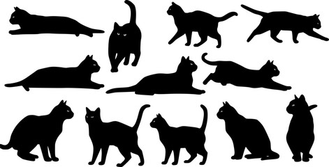 Black cat silhouettes in various poses, isolated on white background. Perfect for logos, decals, apparel design. Elegant, sleek feline figures showcasing minimalist modern art