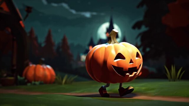 pumpkin cartoon character walking along path near castle, halloween