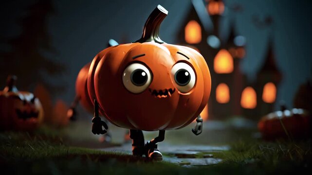 pumpkin cartoon character walking along path near castle, halloween