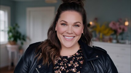 Plus size woman smiling and wearing leather jacket in flower shop