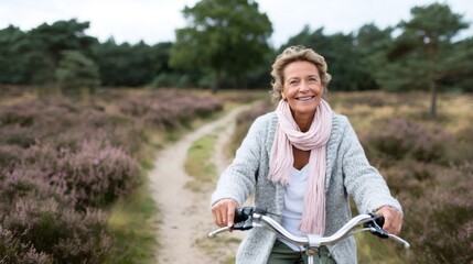Happy senior woman cycling in nature enjoying healthy lifestyle and freedom