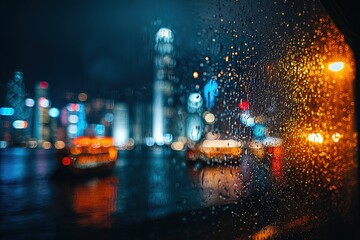 Obraz premium Rainy Night Cityscape View From Window