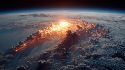 Fireball eruption on Earth surface, starry background