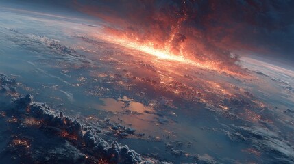Fototapeta premium Fireball eruption on Earth surface, starry background