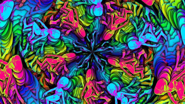 Seamless circular loopable animation of dancing alien cartoon style with echo effect