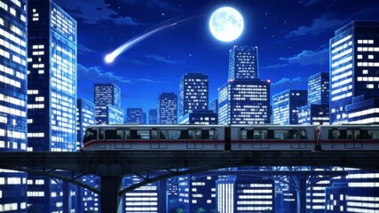 A futuristic cityscape at night with a train on a bridge and a meteor streaking across the moonlit sky