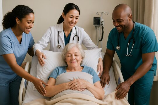 Doctors and nurses smiling while providing care to a joyful senior woman resting in a hospital bed, embodying compassion and support