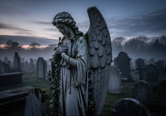 Fototapeta premium A Serene Angel Statue Stands in a Misty Graveyard at Dawn, Surrounded by Weathered Tombstones and a Tranquil Atmosphere