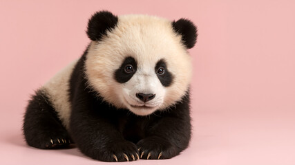 Naklejka premium A cute giant panda cub lying down on a pink background. Young endangered bear looking at the camera.