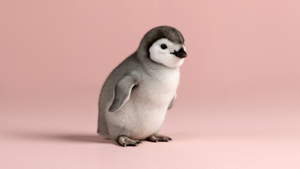 A cute baby emperor penguin chick on a pink background. Fluffy young penguin with copy space for text.