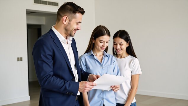 A young family and real estate agent discuss potential property purchase in an empty room while reviewing documents together