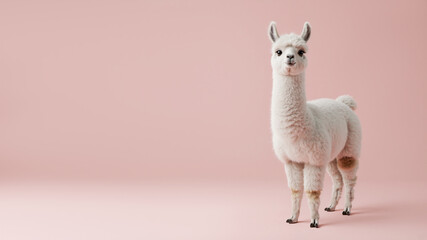 Fototapeta premium A cute young white llama or alpaca standing on a pink background. Adorable cria portrait with copy space for text.