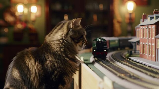 Curious brown cat watching a toy train move around a miniature track with buildings at night