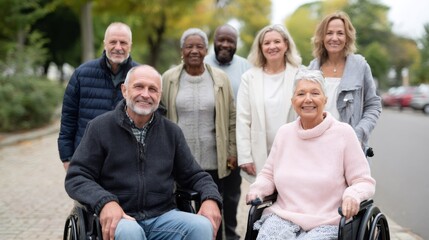 Diverse group of seniors smiling and posing in urban setting