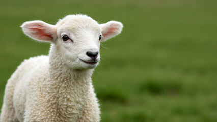 Obraz premium Close-up portrait of a cute young white lamb. Adorable baby sheep in a green field in spring. Farm animal photo with copy space.