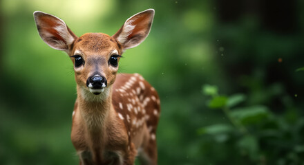 Fototapeta premium Close-up portrait of a cute baby deer. Adorable young fawn with white spots looking at the camera in a green forest. Wildlife and nature concept.