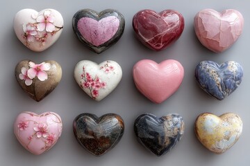 Colorful anatomical hearts glowing and arranged on dark background highlighting cardiovascular health, wellbeing, and scientific anatomy