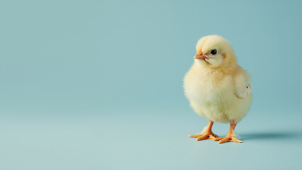 A cute yellow baby chick standing on a plain light blue background. Minimalist Easter and spring concept with a small chicken. Ample copy space for text.